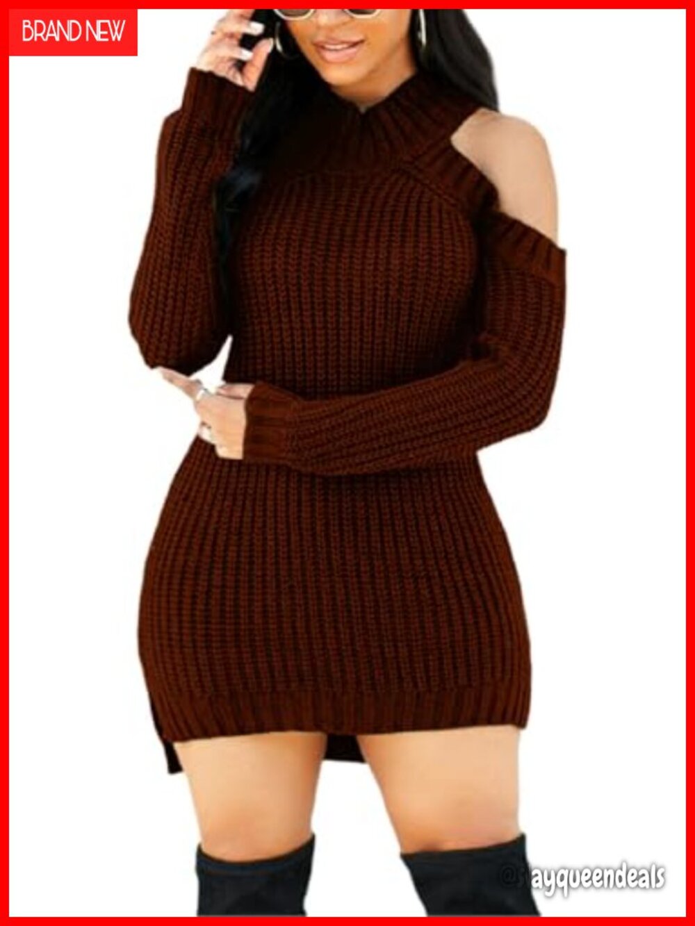 Womens Sexy Winter Sweater Dress Cold Shoulder Mock Neck Mini Side Slit Pullover